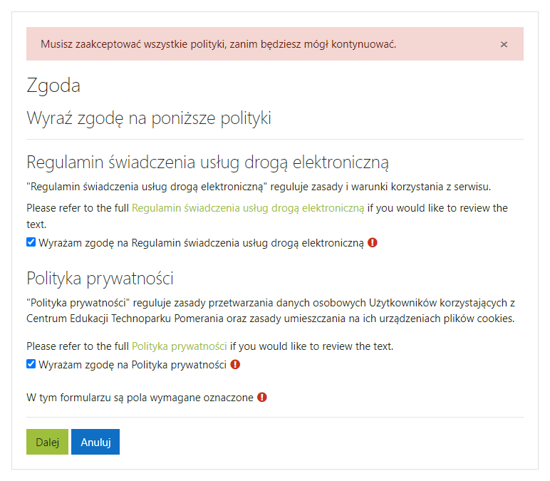 Wyrażenie zgody na polityki strony